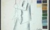 Figurino do personagem Velha. Desenho em nanquim, giz de cera sobre papel colado em cartolina (31,5 x 21,6 cm). Dezessete amostras de cartolina de diversas cores, coladas na lateral direita do desenho. Cedoc-Funarte